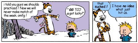 S8 (Hobbes) says "I guess we shoulda practiced." S8 (Calvin) says "GG TCO u guys got lucky!"